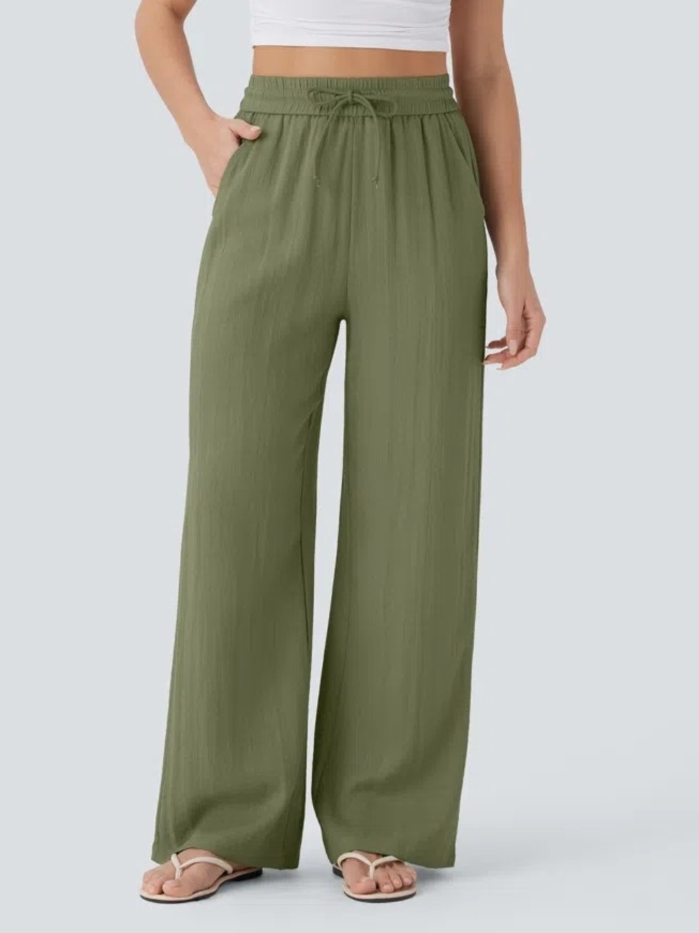HALARA Olive Green Wide-Leg Drawstring Pants Linen Feel Size Small Petite